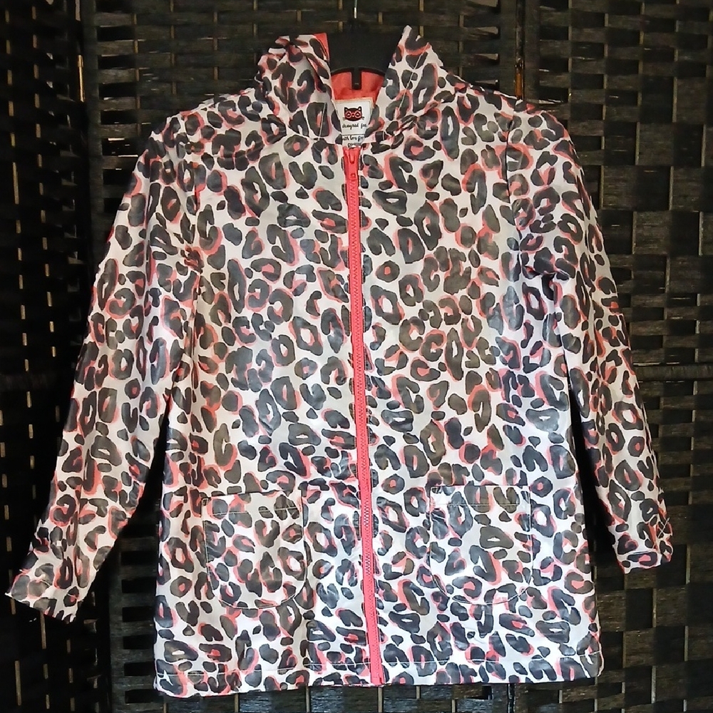 Gymboree Girls Leopard Print Coral/Black Hooded Raincoath SZ L